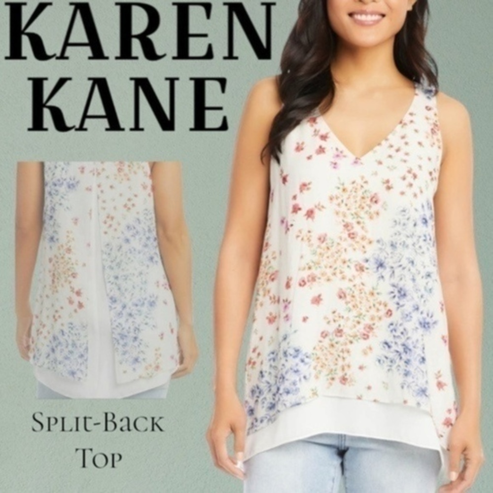 KAREN KANE Floral Print Split-Back Double Layer Sleeveless Viscose Tunic Top NWT